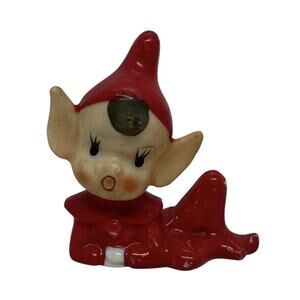 Vintage Red Pixie Elf Pointed Ears Ceramic Figurine Japan Mid Century Christmas